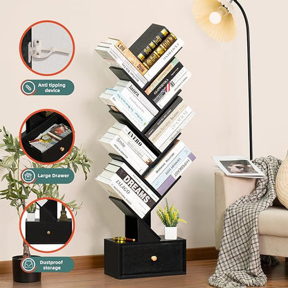 8 Tier Tree Bookshelf with Drawer, Free Standing Wood Bookcase for Living Room, Bedroom, Home Office, Space Saving Storage Organizer Bookshelves for Books, CDs, Vinyl Records- Black
