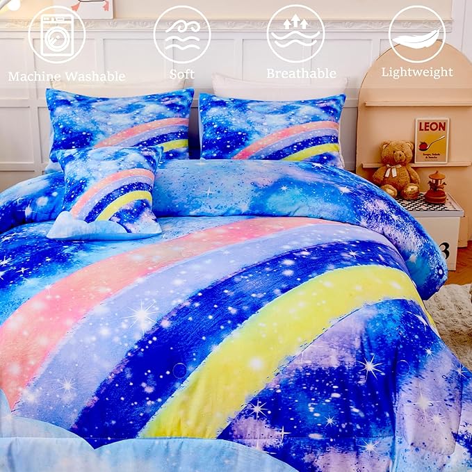 Tie Dye Queen Comforter Sets for Girls 6 Pieces Glitter Rainbow Bed in A Bag for Kids Gradient Galaxy Bed Set Soft Lightweight Colorful Bedding Set for All Season