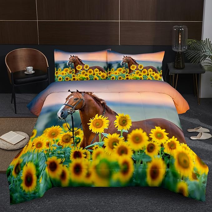 NINENINE Horse Comforter Bedding Set King for Boys Teens,Horse Walking Among Sunflowers Pattern Printed Bedding Set,Sunflower Comforter Set,Soft Microfiber Quilt Set with Matching Pillowcase#5002