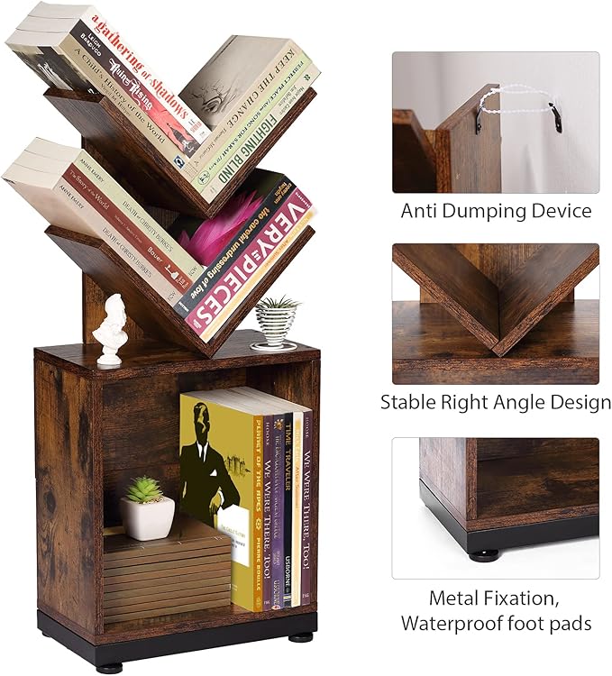 ruboka 2-Shelf Tree Bookshelf with Storage, 26.5-Inch Retro Floor Standing Bookcase Display for CDs/Magazine/Books, Small Bookshelf for Bedroom, Living Room, Office, Brown Storage Shelves