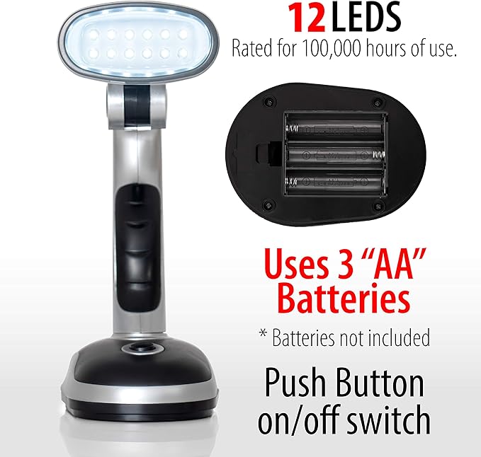 ELDSKLT Led Desk Lamp, 12-Bulb Battery-Operated Table Light for Home, Office, Silver/Black