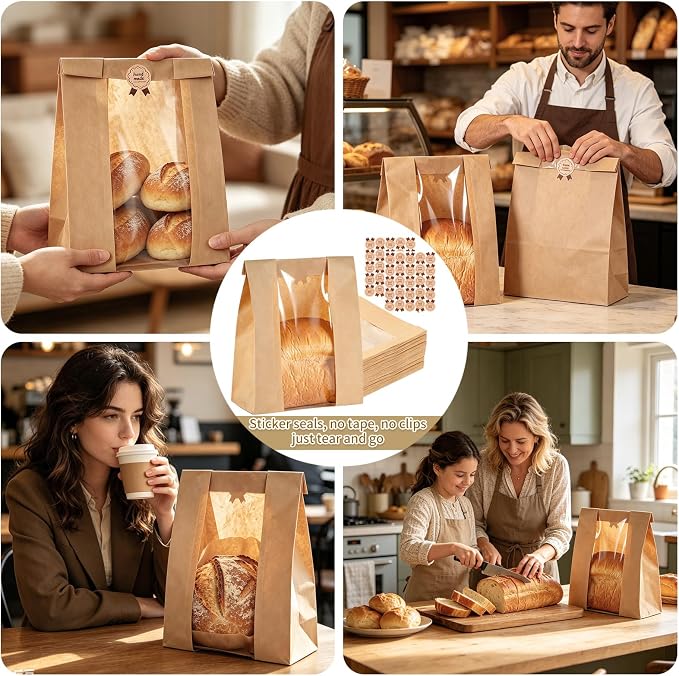 Banana Bread Packaging, Bread Packaging for Homemade, 50 Pcs 13.78" × 8.27" × 3.54" Bags with Clear Window and 50 Stickers, Water and Oil Repellent, Easy to Use, Well-Sized for Baked Goods