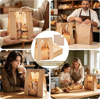Banana Bread Packaging, Bread Packaging for Homemade, 50 Pcs 13.78" × 8.27" × 3.54" Bags with Clear Window and 50 Stickers, Water and Oil Repellent, Easy to Use, Well-Sized for Baked Goods
