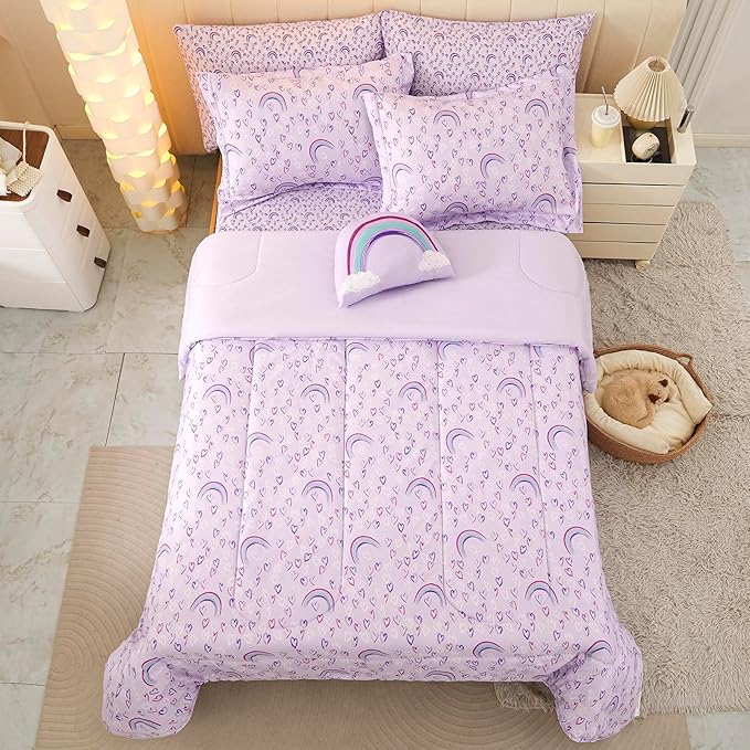 Mooreeke Twin Size Comforter Sets for Girls Kids, 6 Pieces Bed in a Bag Purple Love Rainbow Bedding Comforter Sheet Set with Shams and Decorative Toy Pillow, Ultral Soft Microfiber Kids Bed Set