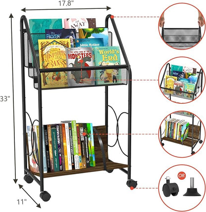 Bookshelf, 4-Tier Metal & Wood Rolling Book Cart on Wheels, Record Cabinet for Book Magazine Turntable, Record Holder Up to 100 Albums, Multifunction Utility Cart, Black