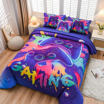 Aimuan Gaming Comforter Sets for Boys Kids Bedding Sets Video Games Console Action Buttons Novelty Colorful Game Gamepad Controller Modern Gamer Room Decor Home Quilt Set (Twin 6 Pcs,Purple)