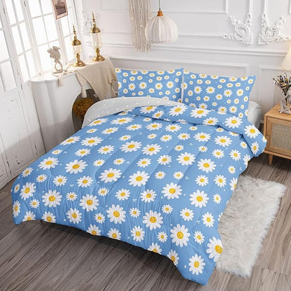 Datura home Flower Comforter Set Blue Daisy Floral Printed Pattern Quilt Bedding with 1 and 2 Pillowcases for Girls Women Bedroom All Season(Blue Full) Full 80x90inches