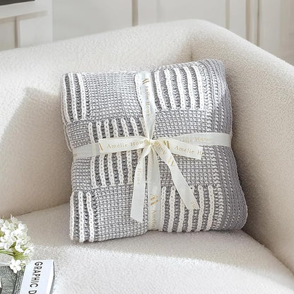 Amélie Home Chenille Knit Throw Blanket for Couch, Checkered Texture Decorative Soft Blanket for Sofa, Bed & Living Room, 50"x60", Grey & White