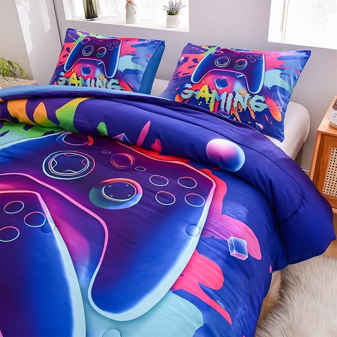 Aimuan Gamer Gaming Bedding Sets 3D Gamepad Comforter Sets for Boys Games Console Action Buttons Novelty Colorful Game Controller Modern Room Decor Home Quilt Set (Queen, Purple)