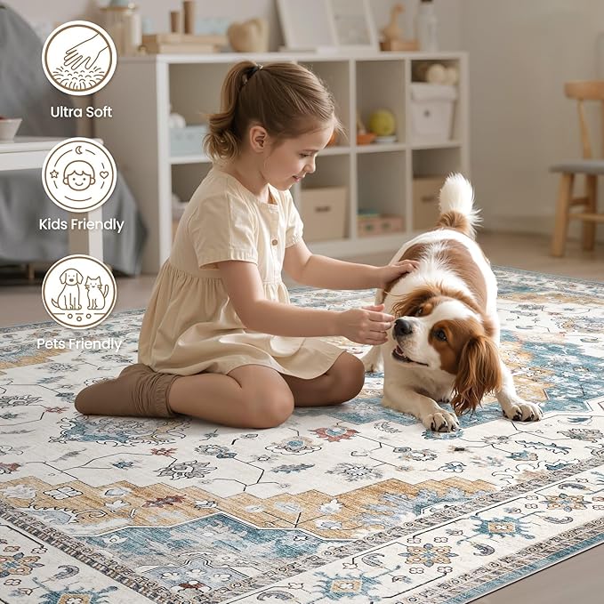 Washable Area Rugs for Living Room - 5x7 Neutral Vintage Distressed Floral Farmhouse Boho Large Soft Floor Rug Indoor Non Slip Carpet for Living Room Bedroom Dining Room Office - Blue/Yellow/Beige