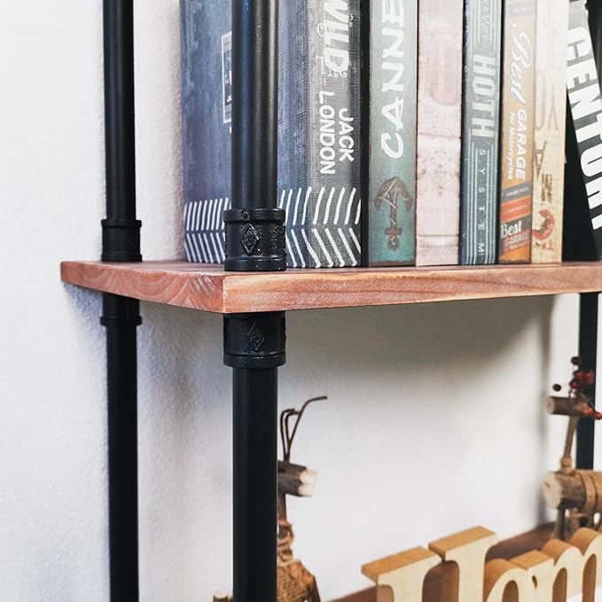 3 Tier Industrial Pipe Bookcase, Rustic Farmhouse Bookshelf with Solid Wood for Living Room, Kitchen, Office