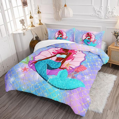 Datura home Bedding Comforter Set Black Girl Magic Mermaid Printed Pattern Quilt with 1 and 2 Pillowcases for Girls Bedroom All Season(Black Blue Twin) Twin 68x86inches
