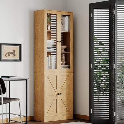 Bookcase with Doors, Tall Cabinets Storage Shelves, 5 Tier Bookshelf with Storage Cabinet, Light Wood Rustic Display Shelf Home Decor Furniture for Office, Living Room, Bedroom, Kitchen, Dining Room