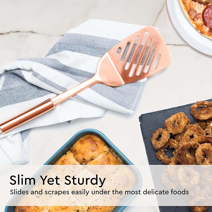 Styled Settings Copper Kitchen Utensils Set, 5-Piece | Copper Kitchen Accessories Includes Stainless Steel Ladle, Spoon, Pasta Fork, Spatula, and Skimmer - Unique Kitchen Gifts