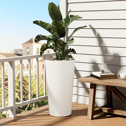 FONTOI 23.6" Tall Planter for Outdoor Plants Set of 2 Large Outdoor Plastic Striped Flower Pots, Front Porch Furniture, Garden Pots, Decorative Planters for Indoor/Outdoor, Patio, Balcony, White