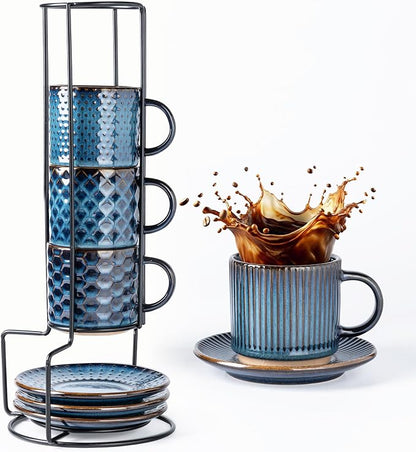 GBhome 6 OZ Stackable Coffee Mugs Set of 4, Ceramic Espresso Coffee Cups | Coffe Cups With Saucer and Stand, Dishwasher&Microwave Safe, 4 Assorted Designs