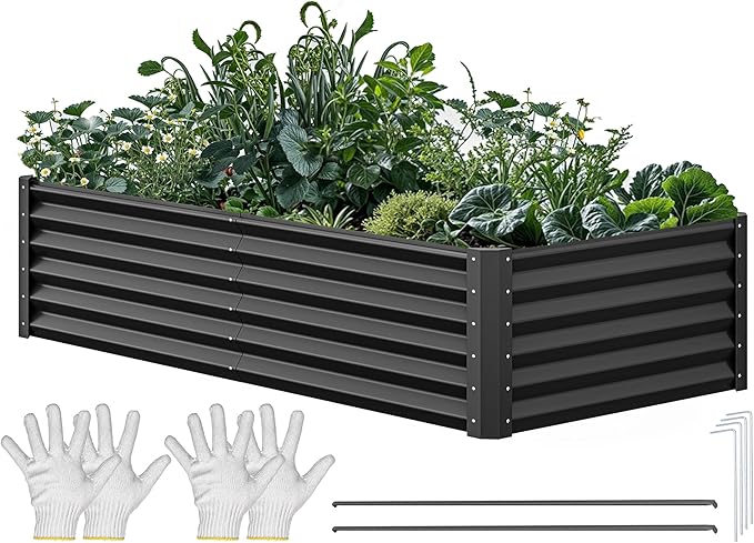 YITAHOME 6x3x1.5ft Large Raised Garden Bed Kit, Galvanized Metal Planter Box with Gloves, Ground Nails, Support Rod, Outdoor Above Ground Planters for Plants Vegetables Flowers, Black