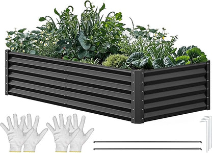 YITAHOME 6x3x1.5ft Large Raised Garden Bed Kit, Galvanized Metal Planter Box with Gloves, Ground Nails, Support Rod, Outdoor Above Ground Planters for Plants Vegetables Flowers, Black