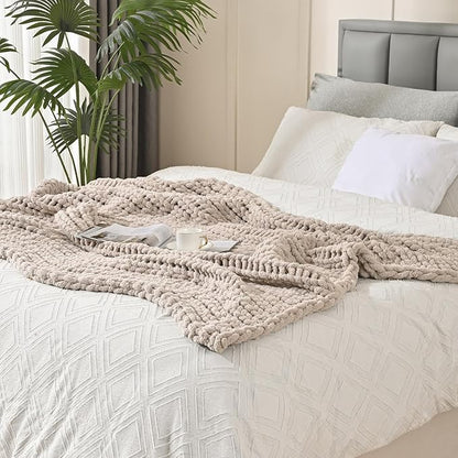 Esterra Chunky Knit Blanket Throw 60"x80", 100% Hand Knitted Chenille Throw Blanket, Cozy Soft Thick Cable Knit Throw Large Rope Knot Crochet Throw Blanket for Sofa Couch Bed, Linen Beige