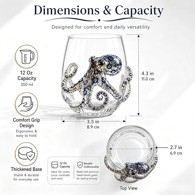 Novelty 3D Sculpted Ocean Life Stemless Wine Glasses, 12oz Embossed Sea Animal Glassware for Beverages, Premium Borosilicate Glass Beach Gifts (Seahorse)