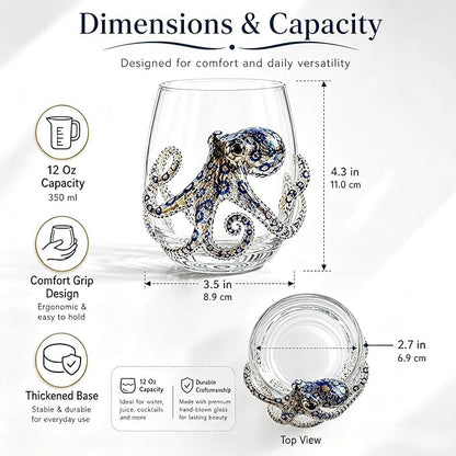 Novelty 3D Sculpted Ocean Life Stemless Wine Glasses, 12oz Embossed Sea Animal Glassware for Beverages, Premium Borosilicate Glass Beach Gifts (Seahorse)