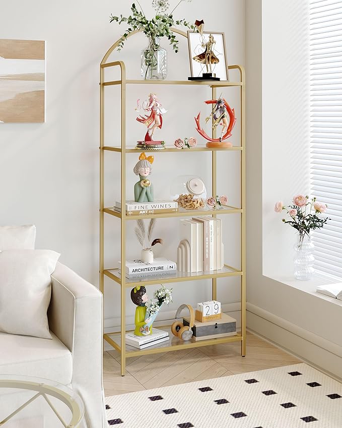 Bookcase Bookshelf, Tempered Glass Bookshelves, Slim Shelving Unit for Bedroom, Bathroom, Home Office, Steel Frame, 5 Tier Gold BC21599G