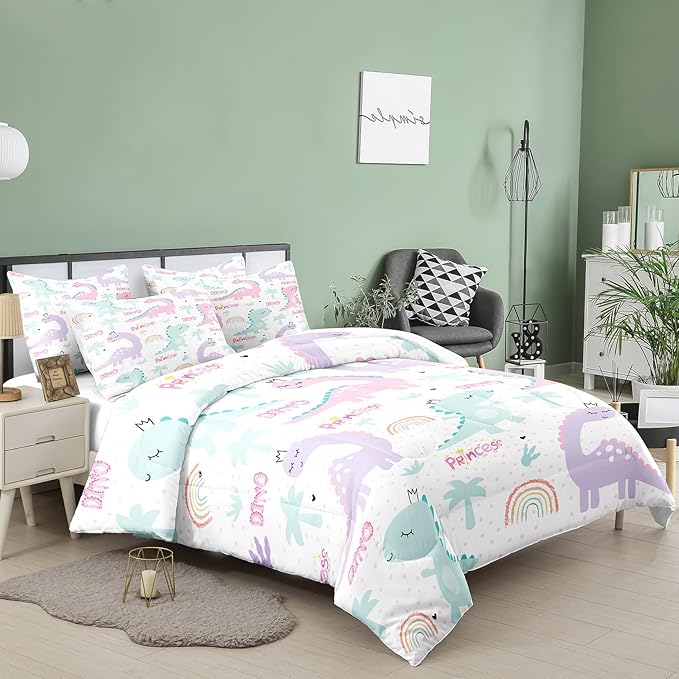 NINENINE Girls Queen Comforter Set,Dinosaur Comforter Sets for Boys Kids,Girls Queen Bedding Colorful Rainbow Little Dino Princess Bed Sets with 1 Comforter&2 Pillowcases