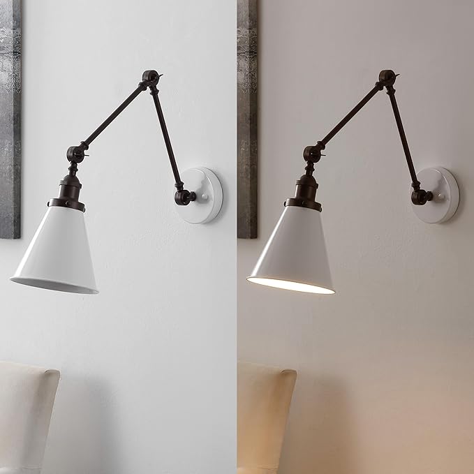 JONATHAN Y JYL7462C-SET2 Rover 7" Classic Industrial Metal Adjustable Arm LED Wall Sconce, White/Oil Rubbed Bronze (Set of 2) for Bedroom, Bathroom, Vanity