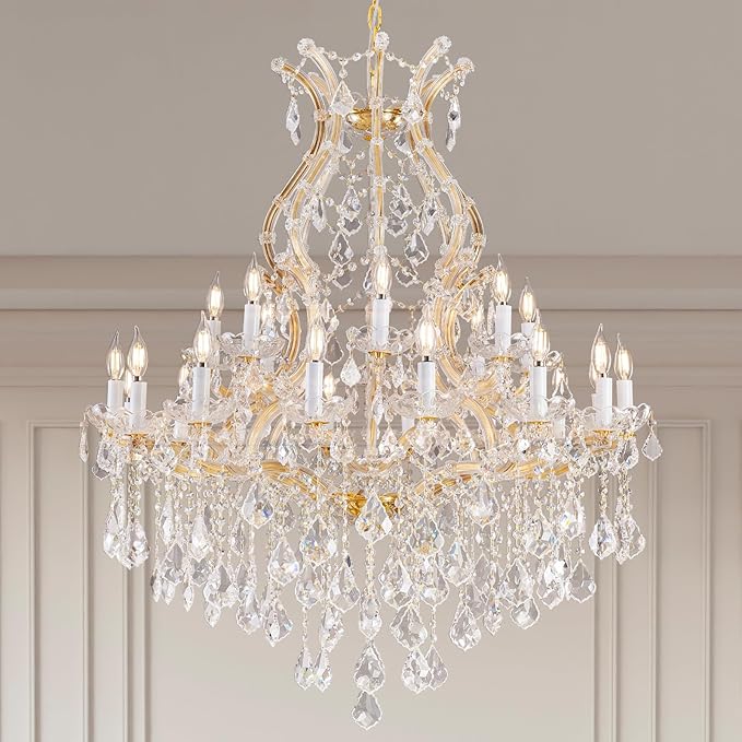 Large Gold Crystal Chandelier Light Fixtures - 24 Lights Modern Crystal Chandeliers for Hotel, Lobby, Foyer, Entryway Hall, Staircase High Ceiling Chandelier 2 Layers