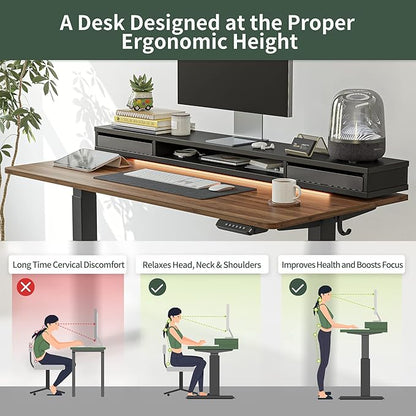 FEZIBO 55 x 24 Inch Height Adjustable Electric Standing Desk with Double Drawers, Stand Up Desk with LED Strips, Sit Stand Desk with Monitor Stand, Blcak Walnut