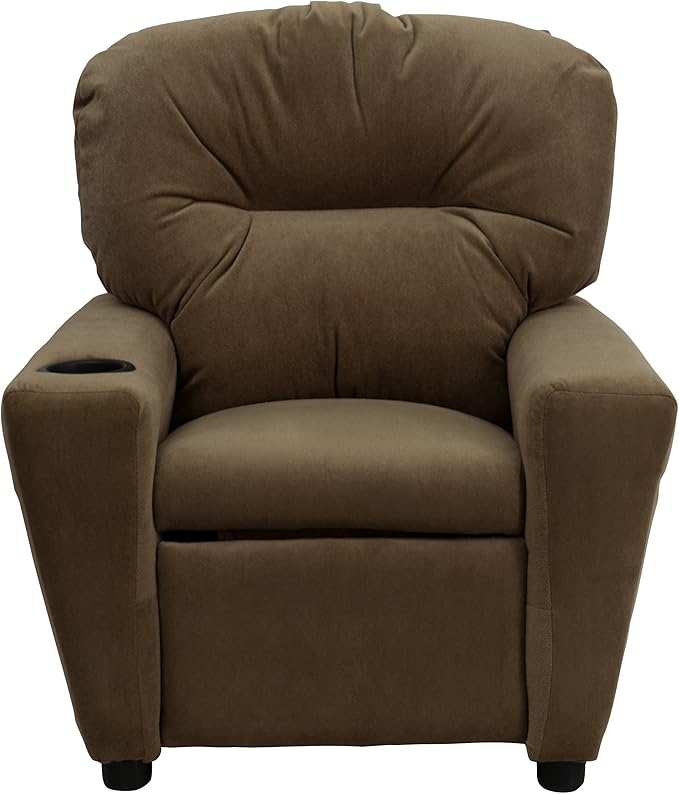 Flash Furniture Chandler Microfiber Kids Recliner with Cup Holder and Safety Recline, Contemporary Reclining Chair for Kids, Supports up to 90 lbs., Brown