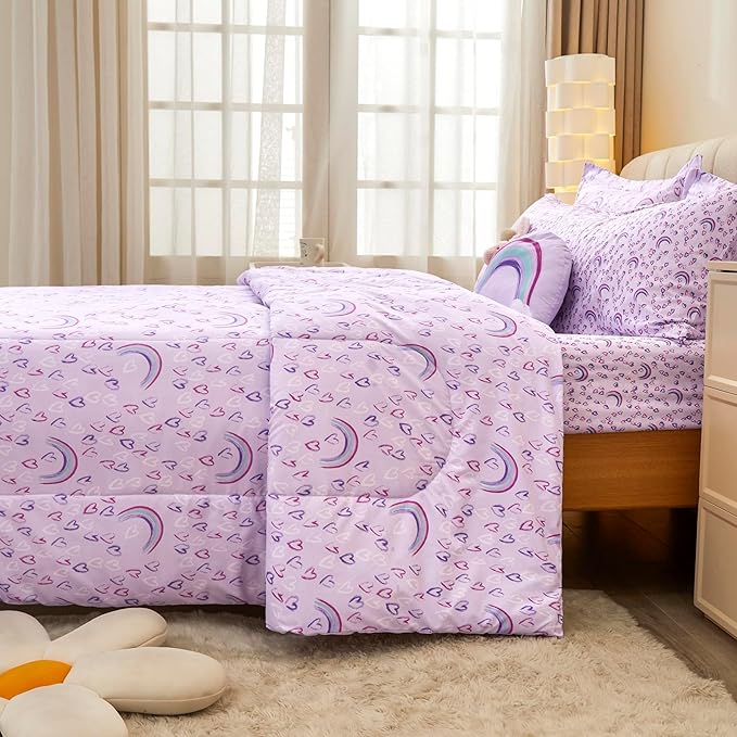 Mooreeke Twin Size Comforter Sets for Girls Kids, 6 Pieces Bed in a Bag Purple Love Rainbow Bedding Comforter Sheet Set with Shams and Decorative Toy Pillow, Ultral Soft Microfiber Kids Bed Set