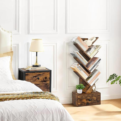 7 Tier Tree Bookshelf with Drawer, Tree Bookcase, Floor Standing Tall Wood Bookshelves for Bedroom, Living Room, Home Office, Rustic Brown