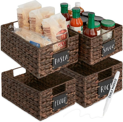 Best Choice Products Set of 4 9x12in Water Hyacinth Pantry Baskets, Woven Organizers w/Chalkboard Label, Chalk Marker - Brown