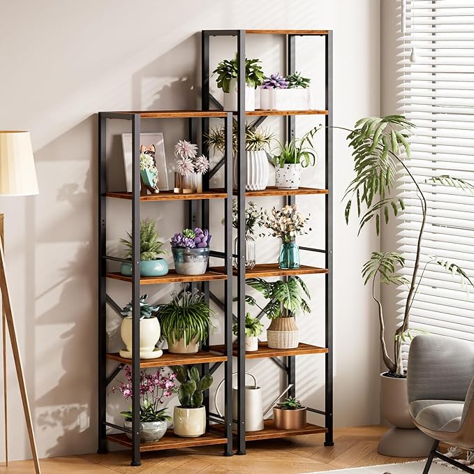 Furologee 5 Tier Tall Bookshelf, Rustic Narrow Bookcase, Display Standing Shelf Units, Metal and Wood Storage Shelves Organizer for Bedroom, Living Room, Home Office, Entryway, Kitchen, Rustic Brown