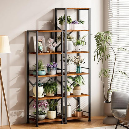 Furologee 5 Tier Tall Bookshelf, Rustic Narrow Bookcase, Display Standing Shelf Units, Metal and Wood Storage Shelves Organizer for Bedroom, Living Room, Home Office, Entryway, Kitchen, Rustic Brown