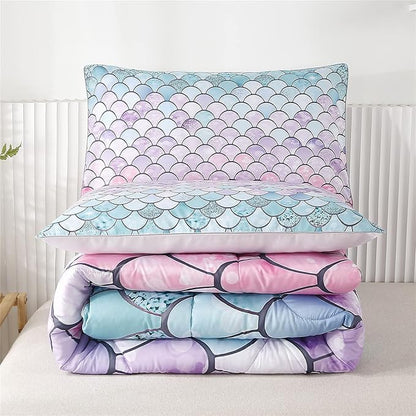 RYNGHIPY 2Pcs Colorful Mermaid Scale Print Comforter Bedding Set Twin Size, Soft Microfiber Coverlet Set/Bedspread/Quilt Set with Colorful Scale Design (Mermaid,Twin)