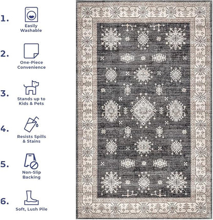 nuLOOM Mollie Machine Washable Traditional Border Ultra Thin Area Rug, 4x6, Charcoal