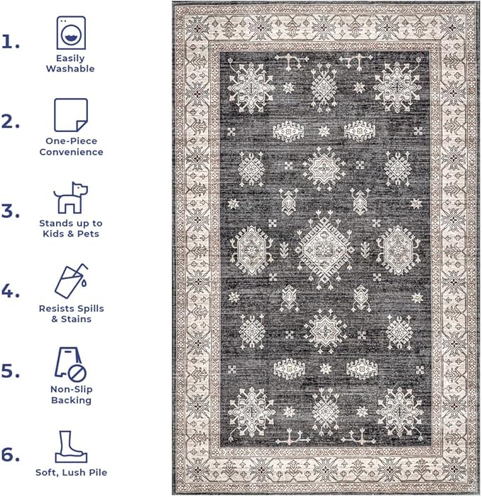 nuLOOM Mollie Machine Washable Traditional Border Ultra Thin Accent Rug, 3x5, Charcoal
