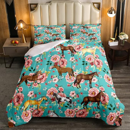 Erosebridal Girls Horse Comforter Set Full Size Pink Flower Bedding Set for Kids Galloping Horse Down Comforter Bedroom Decor Farm Animal Horse Gifts Quilt Set for Women, Cowboy Cowgirls Quilt Set