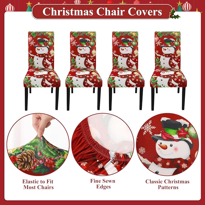 U'Artlines Christmas Chair Covers Set of 6, Removable Washable Merry Christmas Dining Chair Seat Covers Stretch Protector Slipcovers for Dining Room Kitchen Holiday Party Decor, Snowman
