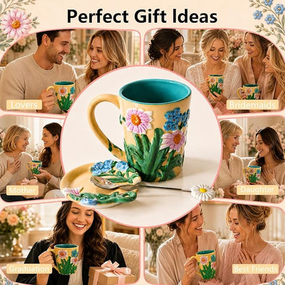 Ceramic Coffee Mug, 19 oz Large Floral Mug with Lid, Novelty Hand-Painted Mugs with Handle & Spoon, Dishwasher & Microwave Safe Cups for Coffee, Tea, Cocoa, Birthday Housewarming Wedding Gift - Beige