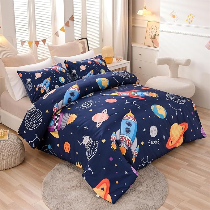 Aimuan Twin Comforter Set Kids Space Rocket Bedding Set Super Soft & Cute Aliens UFO Printed for Teen Boys Girls (Navy, Twin)