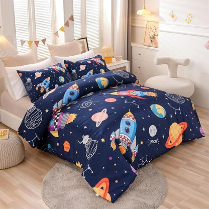 Aimuan Twin Comforter Set Kids Space Rocket Bedding Set Super Soft & Cute Aliens UFO Printed for Teen Boys Girls (Navy, Twin)