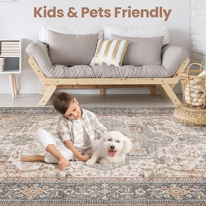 Washable Area Rugs for Living Room - 7x9 Neutral Vintage Distressed Floral Farmhouse Boho Large Soft Floor Rug Indoor Non Slip Carpet for Living Room Bedroom Dining Room Office - Forest Green Orange