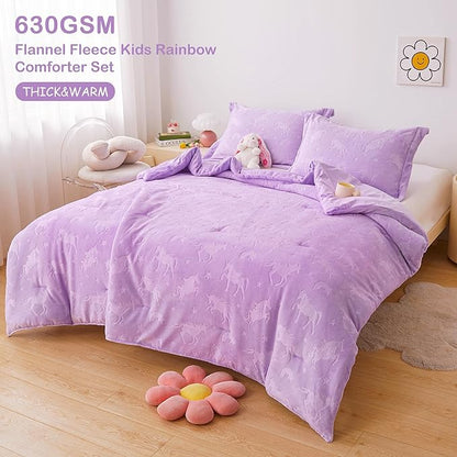 Mooreeke Full Kids Comforter Bed Set, Embossed Plush Fleece Soft & Warm 3 Piece Bed in A Bag with Shams, Velour Velvet Purple Unicorn Girls Kids Bedding Set, Fluffy Fuzzy Polar Cozy and Stylish