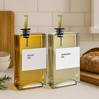Olive Oil Dispenser Bottle - Includes 44 Kitchen Essential Labels - Cooking Oil Bottles for Kitchen, Coffee Syrup Dispenser - Pourer Spout with 11.8 fl oz Glass Container Cruet - 4pcs, Gold