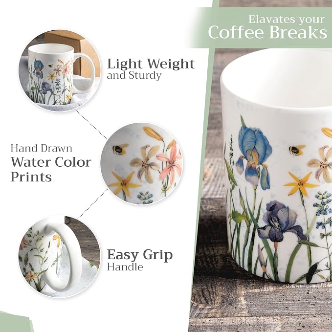 Maison d' Hermine Coffee Mug with Handles Tea Cups (12 Ounce, Pack of 1) | Fine Bone China Coffee Mugs for Hot Beverages Cappuccino Latte Home Restaurant Hotel Spring Summer -Fleurs De Mai - Floral