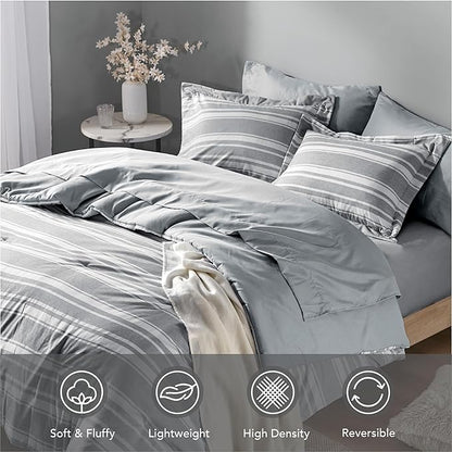Queen Size Bed in a Bag, Full Bedding Sets, Modern Farmhouse Grey and White Striped Comforter with Sheets, 7-Piece Complete Bedroom Set