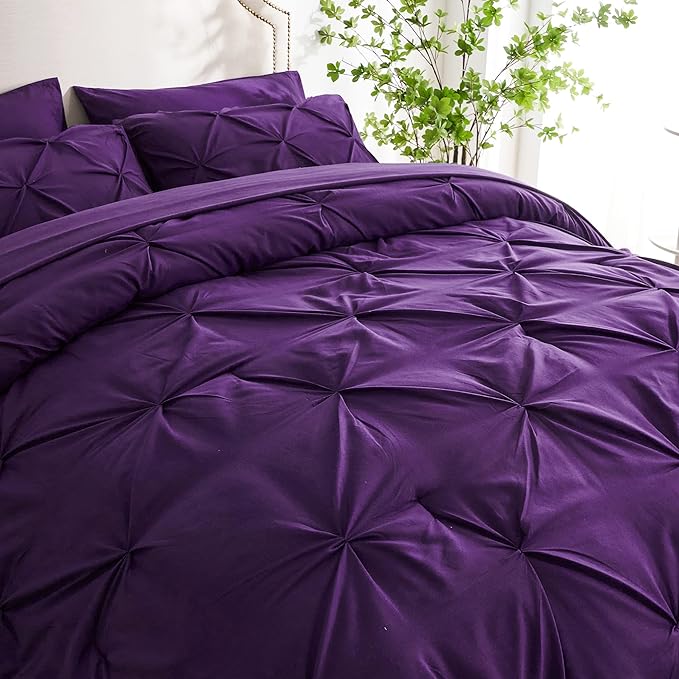 Ubauba 7pc Purple Comforter Set Queen Size with Sheets, Pintuck 7 Piece Bedding Comforters Bed in a Bag for All Season, Pinched Pleat Bed Set with Comforter (Purple,Queen)